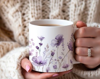 Mugg med pressade blommor, bohemisk vildblommor, cottagecore-kaffemugg, blomsterträdgårdsälskare, present till henne, botanisk, lavendelblommig natur vår