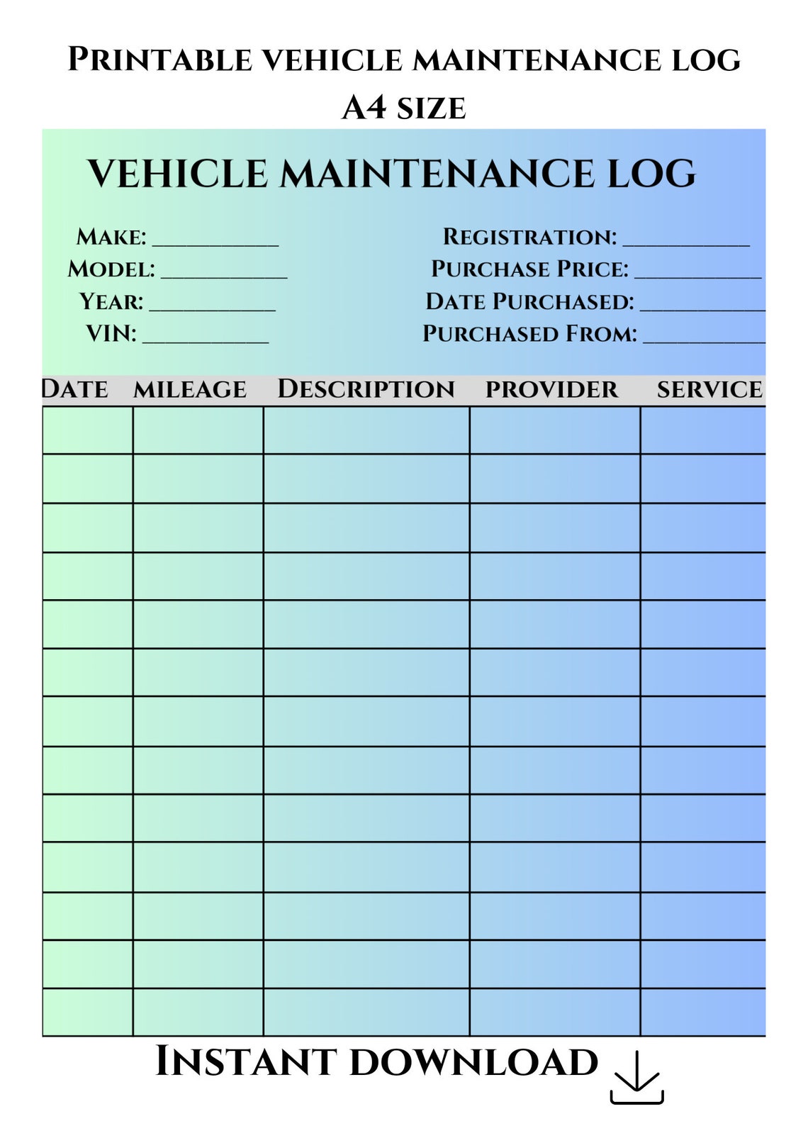 Vehicle Maintenance Checklist Printable Vehicle Maintenance Tracker ...