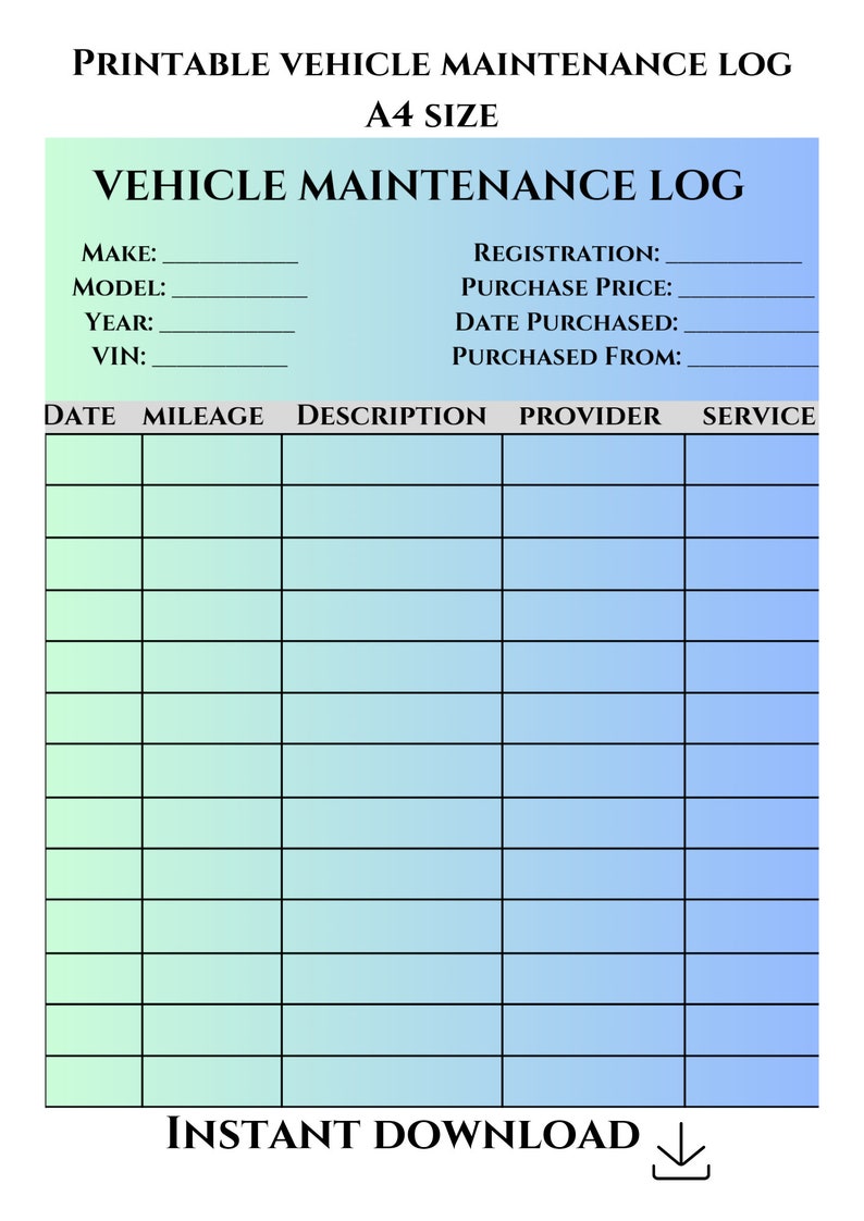 Vehicle Maintenance Checklist Printable Vehicle Maintenance Tracker ...