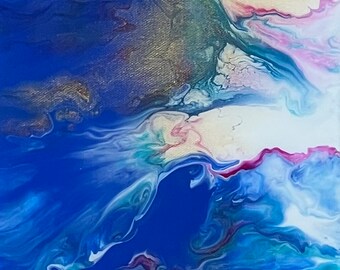 Peinture hollandaise sur toile de 20 x 61 cm, magenta, bleu vert irisé et or sur une base bleu cobalt et blanc, oeuvre d'art fluide, art abstrait