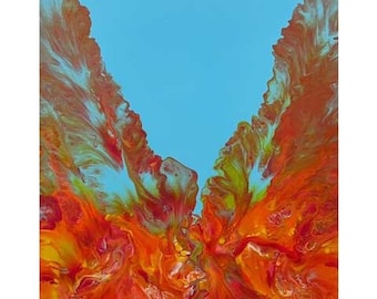 "Acrylgemälde ""Paradiesvögel"" auf Leinwand, 41″ x 50″, Orange-Gelb-Gold-Rot und Weiß, Abstrakt