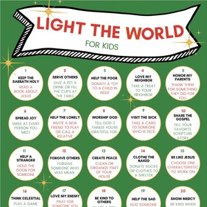 Puede incluir: Un póster verde con el texto "LIGHT THE WORLD FOR KIDS". Presenta 25 círculos numerados, cada uno con una sugerencia de actos de bondad, como "Ayudar a los pobres" y "Amar a tu prójimo".