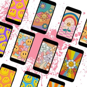May include: A collection of ten phone wallpapers featuring various retro-inspired designs. The designs include smiley faces, flowers, and mushrooms in a variety of colors, including yellow, pink, blue, and green.