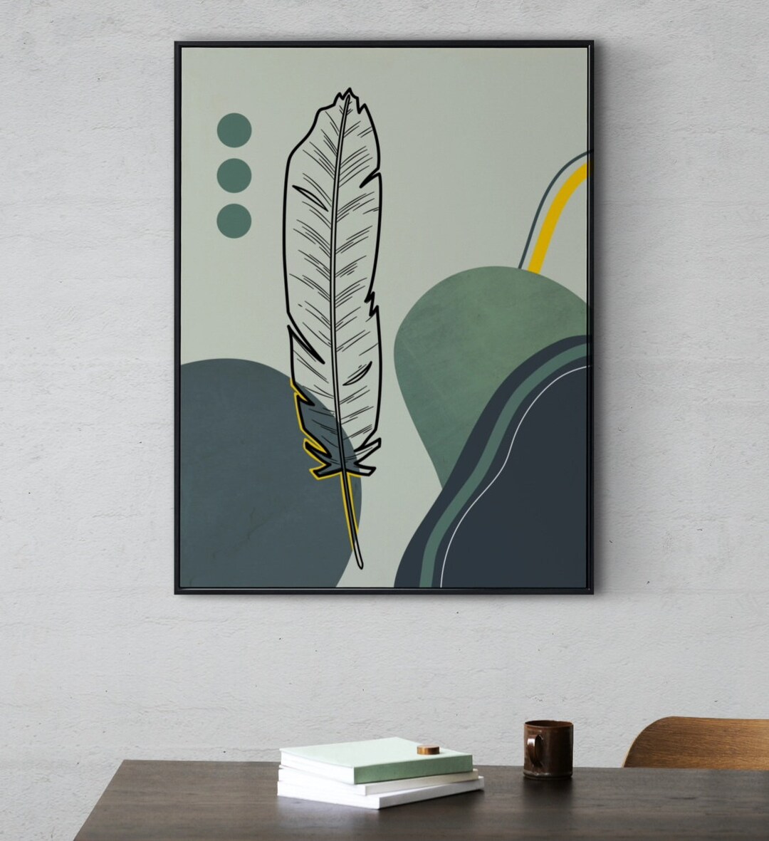 Feather Abstract Minimalist Geometric Wall Art green Color Scheme High