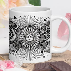Celestial Sun and Moon Ceramic Mug - 3 Size Options (11oz, 15oz, 20oz) - Cosmic Astrology Coffee Cup - Lunar and Solar Art Gift