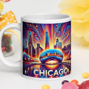 Chicago Skyline Coffee Mug - Vibrant Cityscape Design Featuring The Bean, Unique Windy City Souvenir, Gift for Chicago Lovers