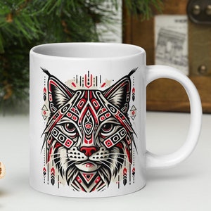Tribal Lynx Ceramic Mug - Unique Geometric Cat Art Coffee Cup - 3 Size Options - Wildlife-Inspired Gift for Cat Lovers, Birthday Gift