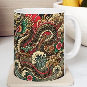 Japanese Style Dragon Ceramic Mug, Unique Tea Cup, Dragon Lover Gift, Fantasy Coffee Mug, Geeky Drinkware, Gothic Kitchen Decor