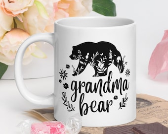 Grandma Bear Mug - Floral Bear Coffee Cup, Gift for New Grandma, Rustic Wildlife Design, Mother's Day Gift