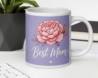 Best Mom Peony Flower Mug – Elegant Floral Coffee Cup, Mother's Day Gift for Mom, Pink Peony Design on Purple Background, Flower Mug