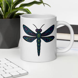 Colorful Dragonfly Coffee Mug Boho Insect Art Ceramic Cup Nature Lover Gift Purple Blue Tribal Style Bug Mug Cottagecore Kitchen Decor