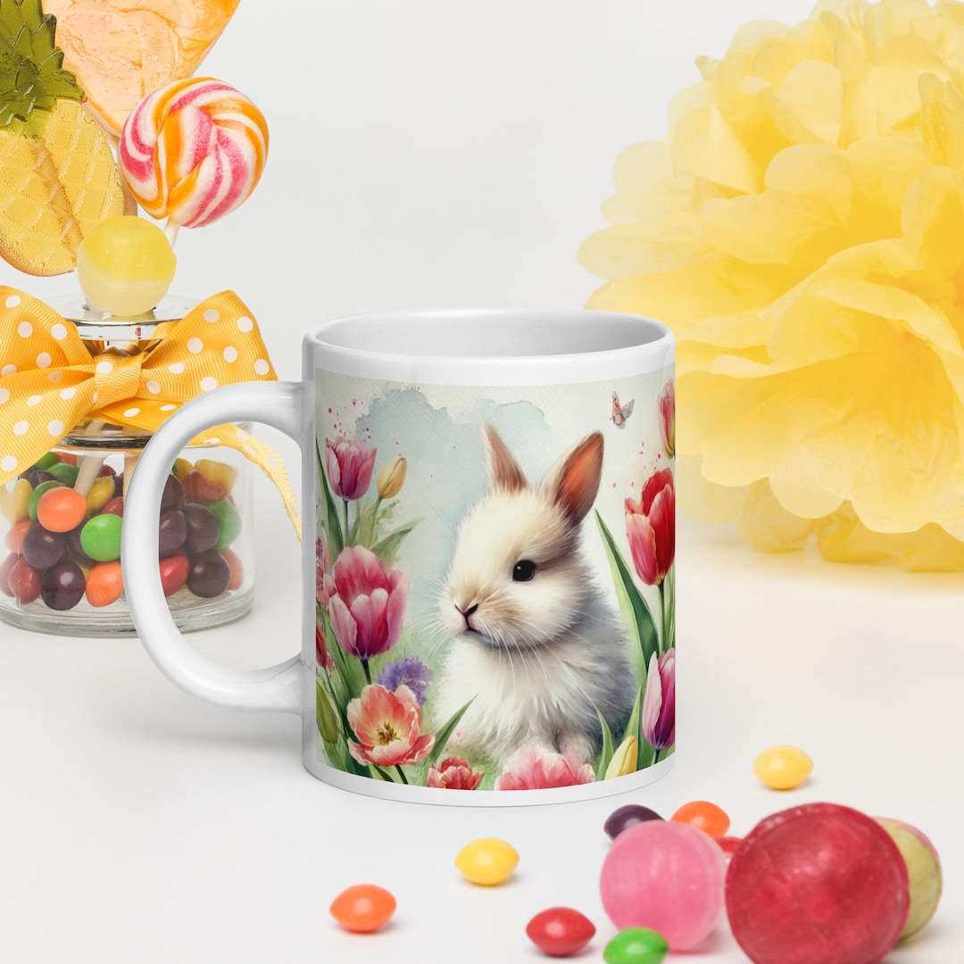 Spring Bunny Mug – Cute Rabbit With Tulip Flowers Coffee Cup – Easter ...