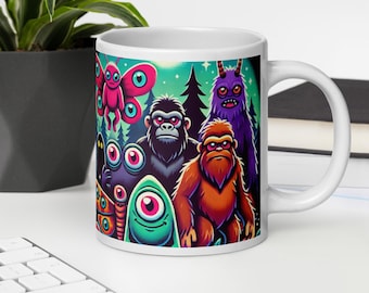 Bigfoot & Mothman Cryptid Creatures Mug - Funny Ceramic Coffee Cup - 3 Size Options