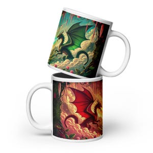 Dragon Heart Mug - Red and Green Dragons with Heart Design - Fantasy Coffee Cup Gift for Dragon and Fantasy Art Lovers