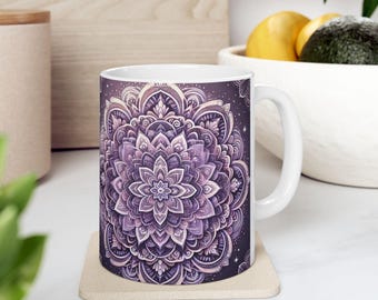 Lila Mandala Keramiktasse, Boho Kaffeetasse, Teetasse, Einzigartiges Büro Geschenk, Küchen Dekor, Hippie Trink, Festival Geschenk, Geburtstagsgeschenk