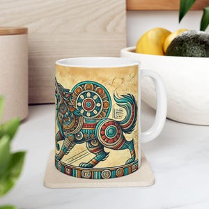 Mayan Inspired Wolf Coffee Cup, Tea Mug, Aztec Inspired Drinkware, Gift for History Buff, Unique Pottery Beverage Container