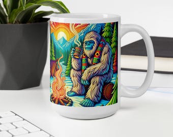 Vibrant Yetti Campfire Mug - Pacific Northwest Wilderness Coffee Cup - Colorful Adventure Art for Nature and Camping Lovers
