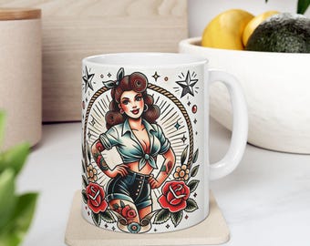 American Classic Tattoo Pinup Keramikbecher - Vintage Kaffeetasse, Teebecher, Retro Tattoo Art, einzigartiges Bürogeschenk, Pinup-Liebhaberbecher