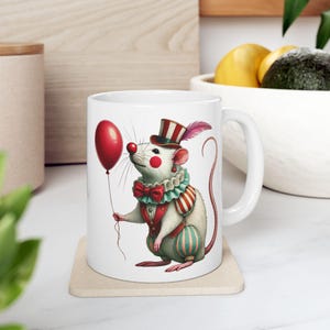 Clown Rat Ceramic Mug, Funny Animal Coffee Cup, Circus Theme Tea Mug, Cute Rodent Decor, Birthday Gift Idea, Kitchen Drinkware