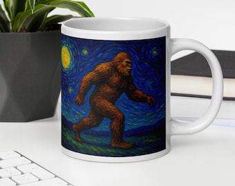 Bigfoot Starry Night Ceramic Mug – Sasquatch Coffee Cup – Cryptid Art Forest Mug Gift for Bigfoot Lovers – Available in 11oz 15oz 20oz Sizes
