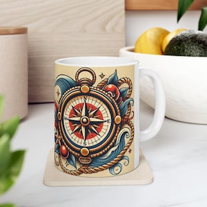 American Classic Tattoo Nautical Compass Ceramic Mug - Unique Coffee Cup, Tea Mug, Nautical Gift, Tattoo Art Mug, Compass Gift