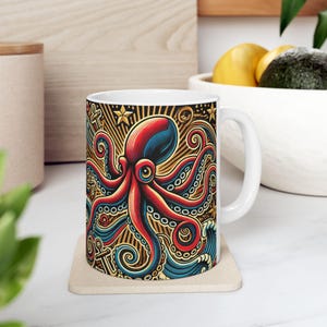 American Tattoo Octopus Ceramic Mug, Nautical Marine Sea Creature Coffee Cup, 11oz 15oz Gifts for Ocean Lovers, Underwater Theme Kitchen