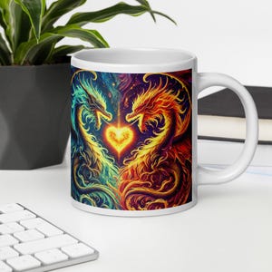 Fiery Dragon Heart Mug - Stunning Fantasy Coffee Cup with Dual Dragons and Flame Design - Perfect Gift for Dragon Lovers