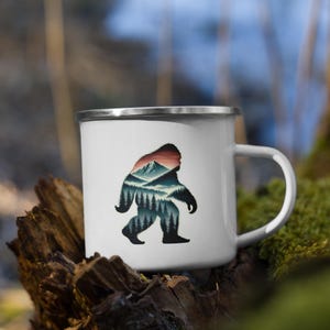 Bigfoot Enamel Camping Mug Sasquatch Forest Mountain Scene Metal Mug Outdoors Hiking Cup Wilderness Explorer Gift Rustic Nature Drinkware