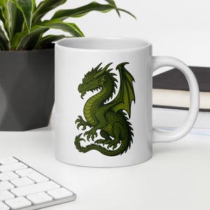 Green Dragon Coffee Mug Fantasy Creature Ceramic Cup Medieval Mythical Beast Art DnD Gift for Him Gamer Mug Magic Lover Kitchen Decor
