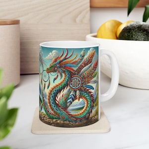 Dreamcatcher Dragon Ceramic Mug, Mystical Creature Tea Cup, Dragons Gift, Medieval Coffee Mug, Dragon Lover Kitchen Decor
