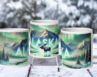 Alaska Camping Mug - 12oz Northern Lights and Moose Design - Rustic Travel Coffee Cup for Nature Lovers