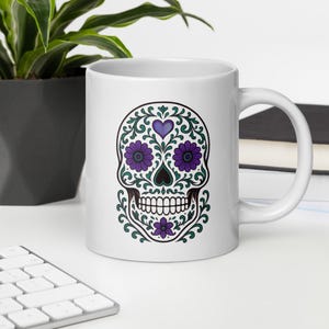 Sugar Skull Coffee Mug Day of the Dead Ceramic Cup Purple Floral Calavera Halloween Decor Gothic Skull Gift for Her Spooky Kitchen Mug