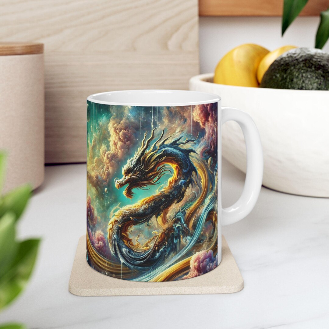 Surrealist Fantasy Dragon Ceramic Mug, Rainbow Coffee Cup, 11oz 15oz ...
