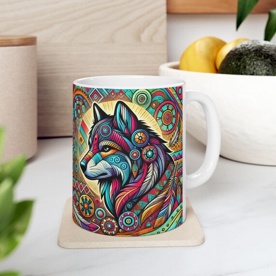 Native Style Rainbow Wolf Coffee Mug, Rainbow Tea Cup, in 11oz and 15oz,  Wolf Mug, Wolf Lover Gift, Microwave and Dishwasher Safe