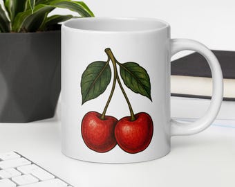 Vintage Kirschtasse - 15 Unzen Aquarell Obstkaffeetasse mit roten Kirschen und grünen Blättern - Retro Küchengeschenk für Feinschmecker und Naturliebhaber