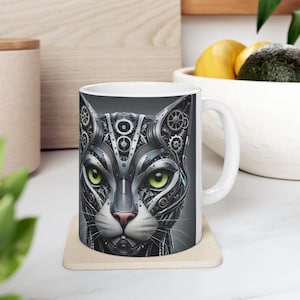 Biomechanical Cat Face Ceramic Mug - Steampunk Coffee Cup, Tea Mug, Cyberpunk Gift, Cat Lover Gift, Robot Cat Mug