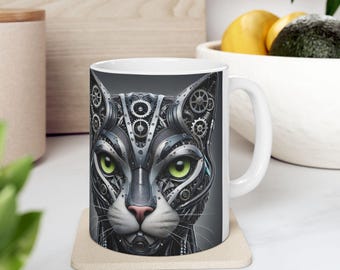Biomechanical Cat Face Ceramic Mug - Steampunk Coffee Cup, Tea Mug, Cyberpunk Gift, Cat Lover Gift, Robot Cat Mug