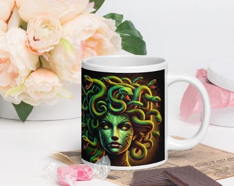 Medusa Ceramic Mug - Mythical Gorgon Snake Goddess Art Coffee Cup, 3 Size Options, Greek Mythology Gift, Dark Fantasy Mug