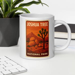 Joshua Tree National Park Mug – Retro Desert Nature Design – Hiking Adventure Gift – White Ceramic Coffee Cup for Outdoor Lovers