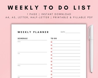Weekly Planner, Printable, To-Do List, Organizer, Productivity, Schedule, Fillable PDF - Digital Download