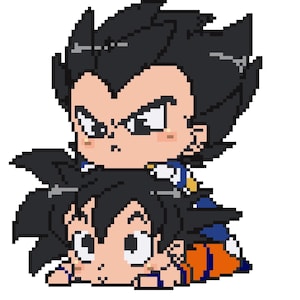 Op de afbeelding: Een pixel art-illustratie van twee anime-personages, een met zwart haar en een blauw-gele outfit, die op de ander staat, die zwart haar en een oranje-blauwe outfit draagt.