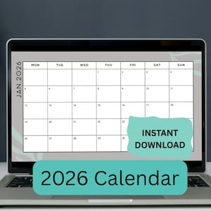 2026 Calendar Printable, Monthly Planner Landscape, Monthly Calendar 2026 Printable, Monday Start Calendar Download