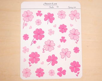 Pink Shamrock Planner Stickers, Handmade Clover Decals