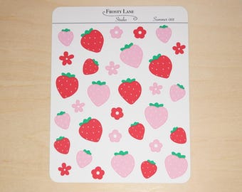 Strawberry & Flower Sticker Sheet – Handmade Matte Vinyl Stickers