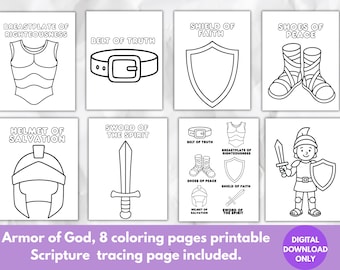 Folha para colorir sobre a armadura de Deus: atividade com versículos bíblicos para crianças (para imprimir)