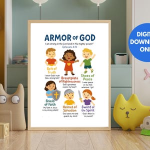 Armor of God Poster for Kids, Armor of God art, Faith based decor, Christian Kids decor, Scripture printables, Bible verse poster,