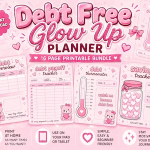Utskrivbar skuldbetalningsplanerare | Budgetplanerare PDF | Kawaii pengaspårare | Skuldfri spårare | Ekonomisk återställningspaket | Rosa planerare