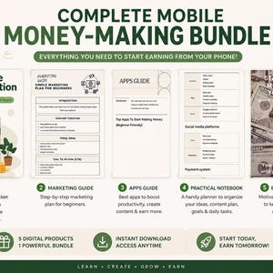 Peut inclure: Un ensemble de produits numériques intitulé Complete Mobile Money-Making Bundle comprenant cinq guides : e-book Mobile Monetization, Marketing Guide, Apps Guide, Practical Notebook et un Bonus Guide avec des images d'argent pour le revenu mobile.