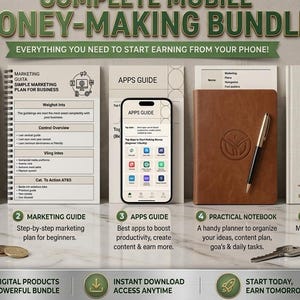 Peut inclure: Un ensemble de produits numériques intitulé Complete Mobile Money-Making Bundle comprenant un livre électronique, un guide marketing, un guide d'applications, un carnet pratique marron avec un stylo et un guide bonus, présentés sur une surface en marbre.