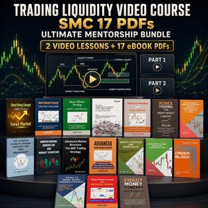 Op de afbeelding: Een digitaal educatief pakket getiteld Trading Liquidity Video Course SMC 17 PDFs Ultimate Mentorship Bundle. Het bevat twee videoles-iconen en zeventien boekomslagen met titels over forex trading, marktstructuur en orderblokken.